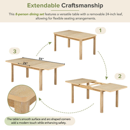 Topmax - Rustic Extendable Dining Table Set With Removable Leaf, 6 Upholstered Armless Dining Chairs And 2 Padded Arm Chairs, 9 Pieces - Natural