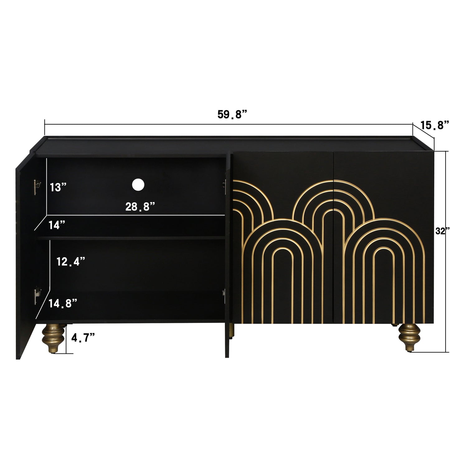 4 Door Cabinet Modern Fluted Sideboard Buffet With Storage, Curve Element With Strict Lines - Black