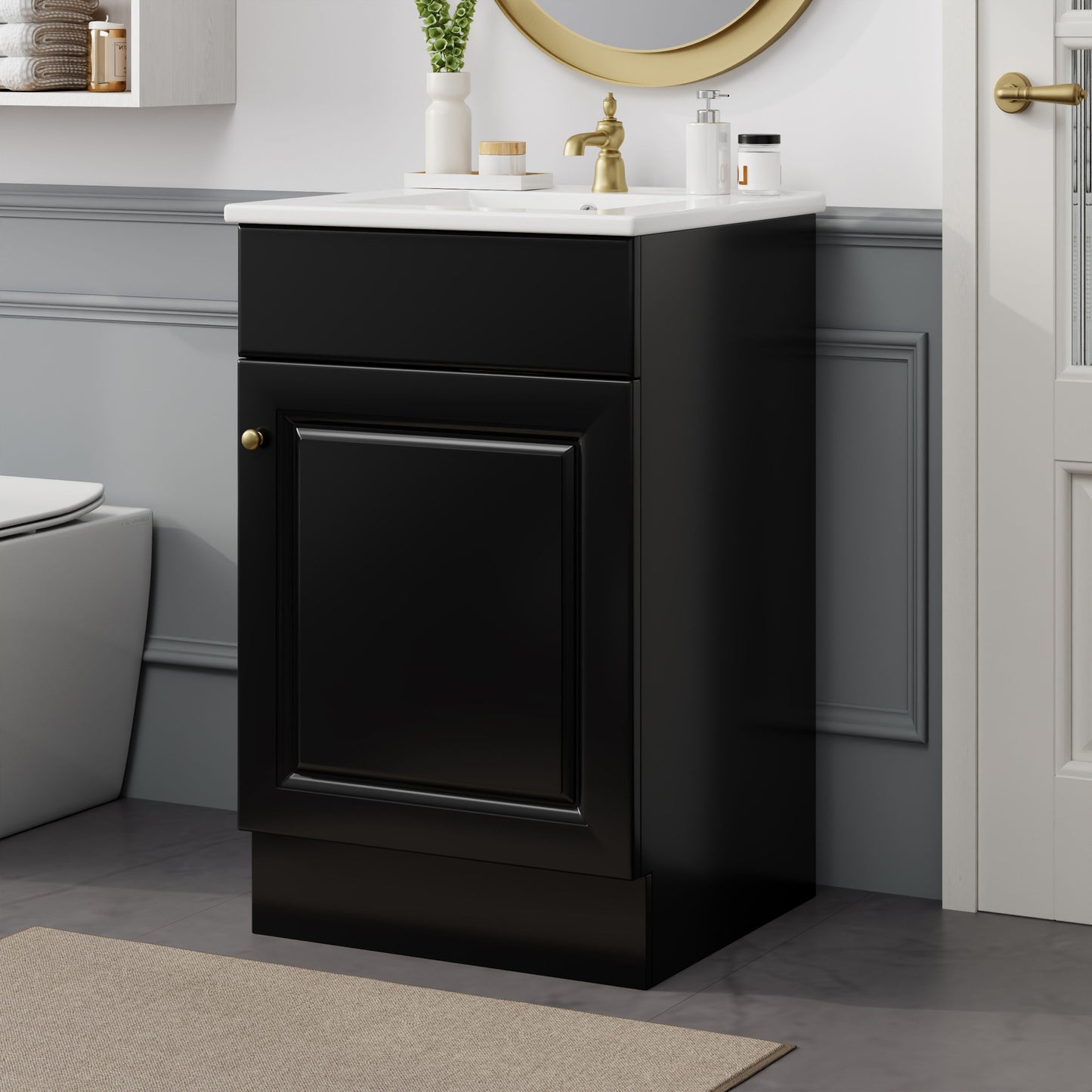 20" Bathroom Vanity With Sink, Freestanding Cabinet With Door Shelf And Adjustable Shelf, And Ceramic Construction - Black
