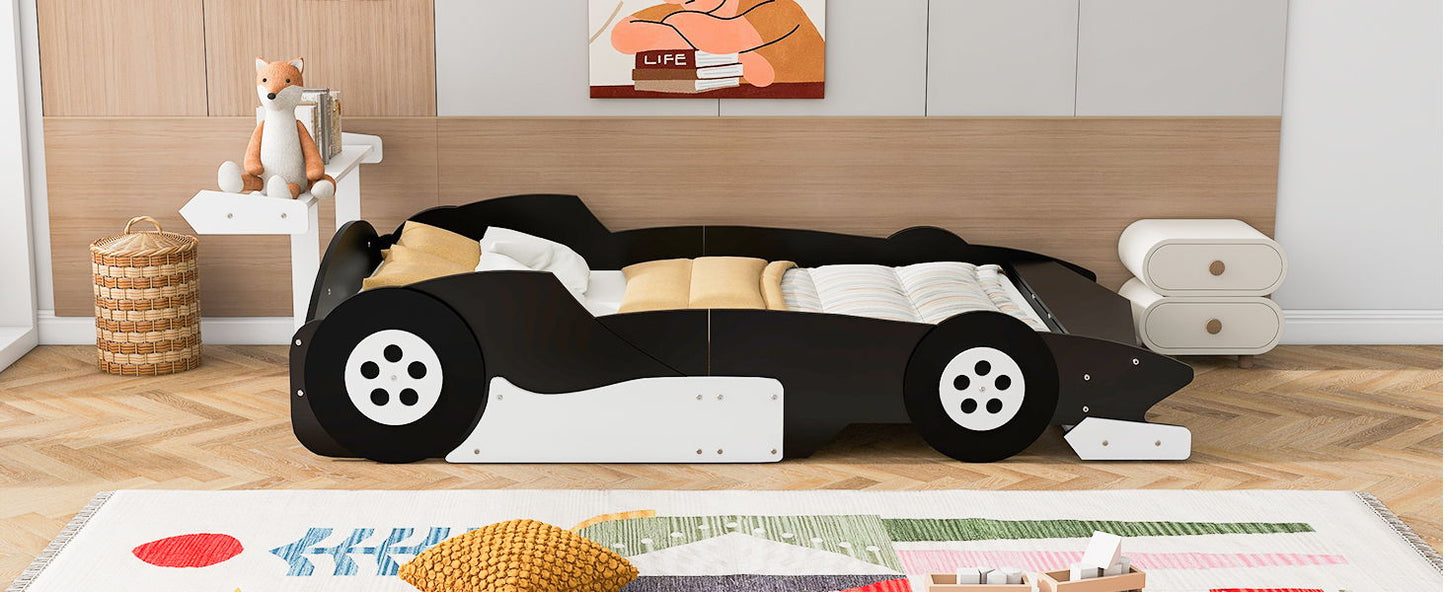 Full Size Race Car Shaped Platform Bed With Wheels - Black