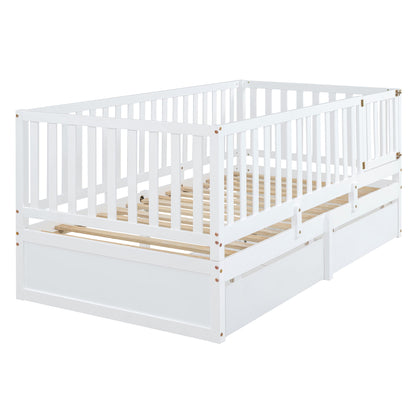 Twin Size Daybed With Fence Guardrails And 2 Drawers, Split Into Independent Floor Bed & Daybed - White
