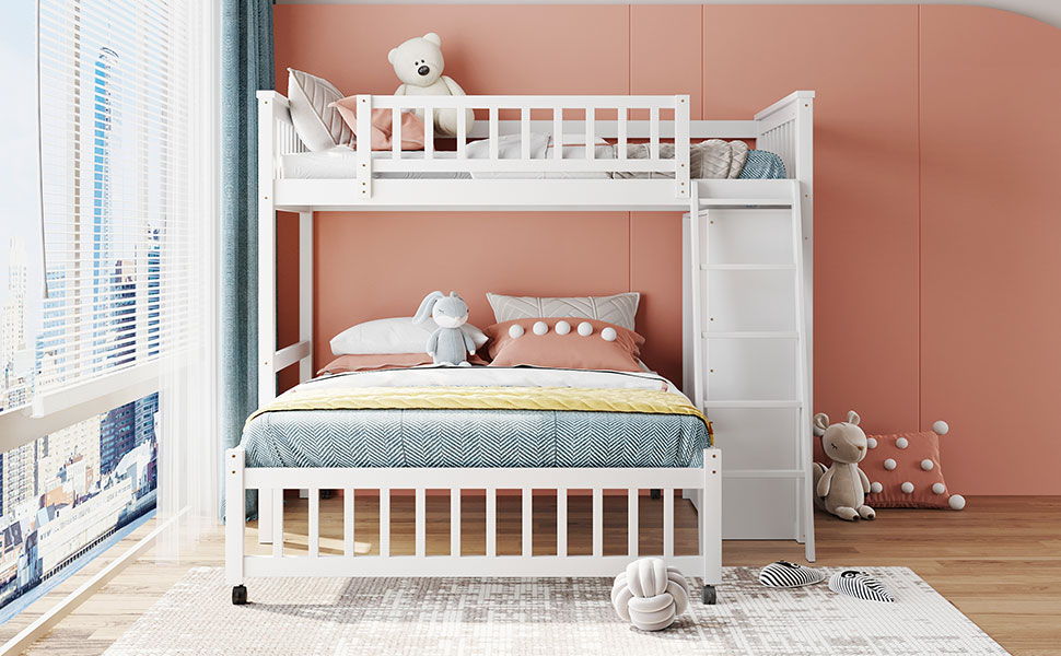 Twin Over Full Bunk Bed With 6 Drawers And Flexible Shelves, Bottom Bed With Wheels - White