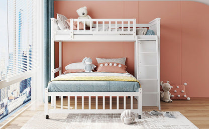 Twin Over Full Bunk Bed With 6 Drawers And Flexible Shelves, Bottom Bed With Wheels - White
