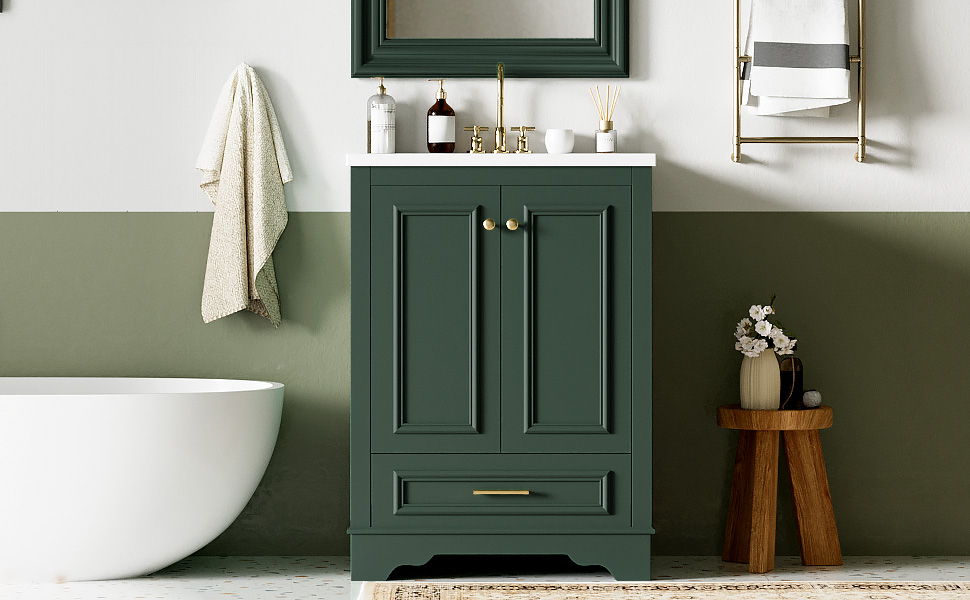 Bathroom Vanity With Ceramic Sink Combo, Modern Freestanding Storage Cabinet With Silver Handles, Soft Closing Doors - Green