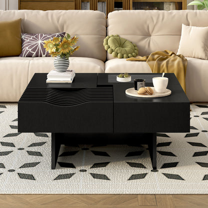 Mid Century Modern Coffee Table, Unique Square Wooden Coffee Table With 3 Drawers, Tempered Glass And Solid Wood Legs For Living Room - Black