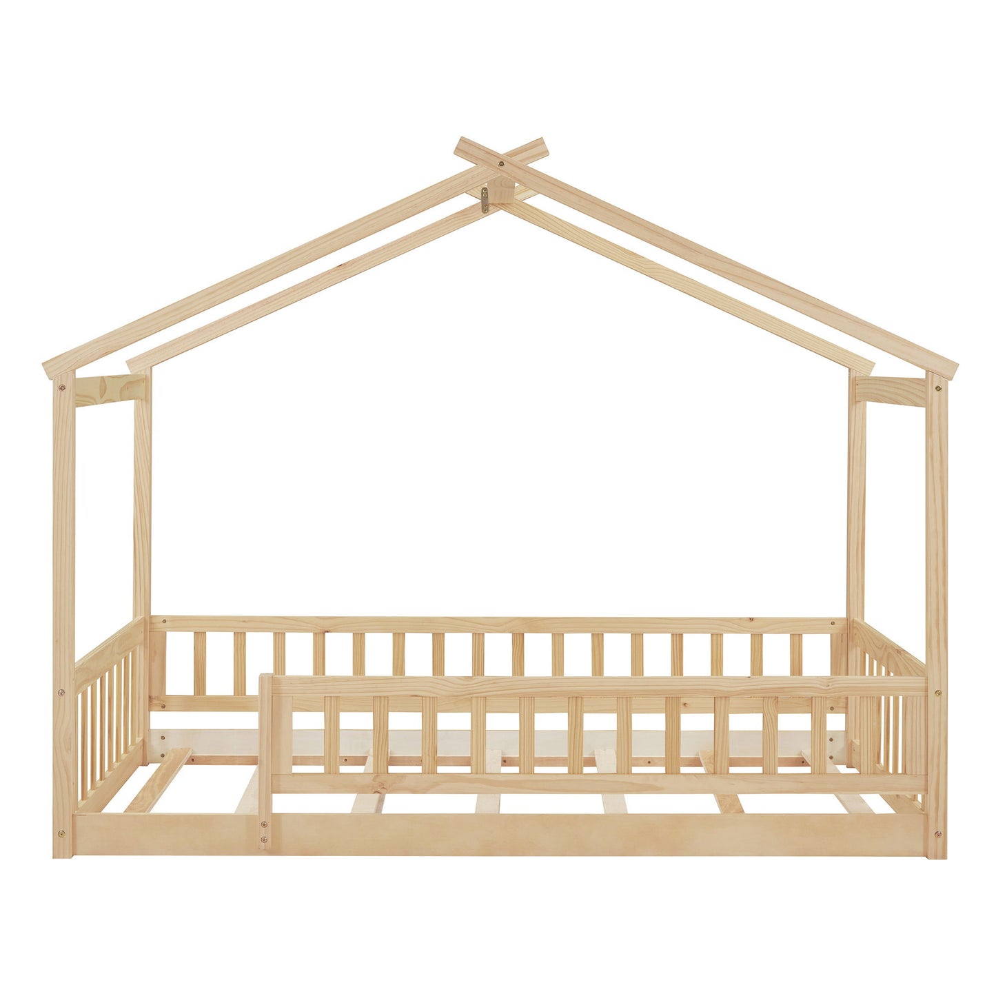 Twin Size Bed House Bed Frame With Fence - Natural