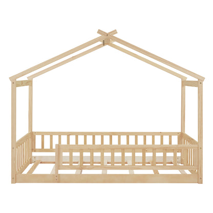 Twin Size Bed House Bed Frame With Fence - Natural