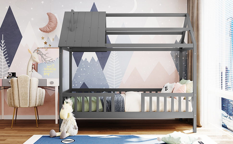 Twin Size House Bed With Fence - Gray