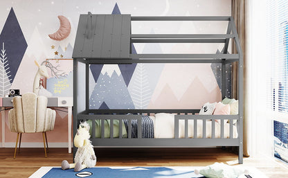 Twin Size House Bed With Fence - Gray