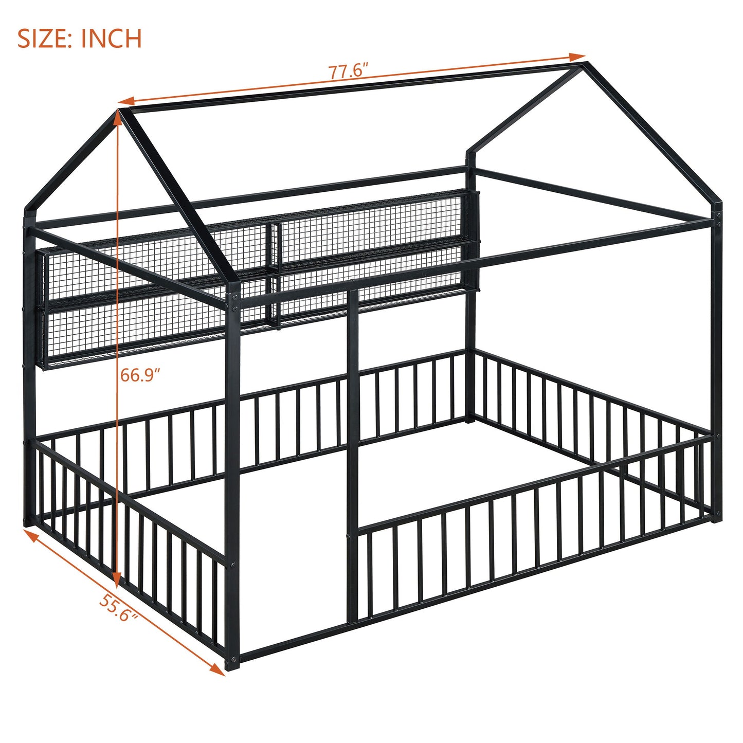 Full Size Bed House Frame With Fence And Shelves - Black