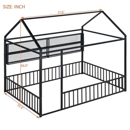 Full Size Bed House Frame With Fence And Shelves - Black
