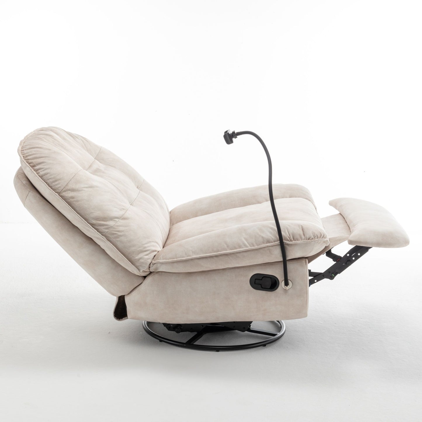 Modern Swivel Gliding Recliner Chair With Rocking Function And Phone Holder - Large Comfortable Reading Chair In Gold Stamped Velvet - Ivory