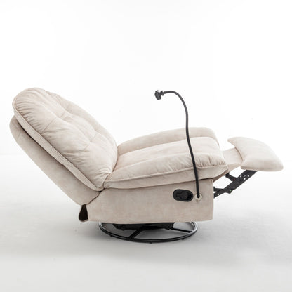 Modern Swivel Gliding Recliner Chair With Rocking Function And Phone Holder - Large Comfortable Reading Chair In Gold Stamped Velvet - Ivory