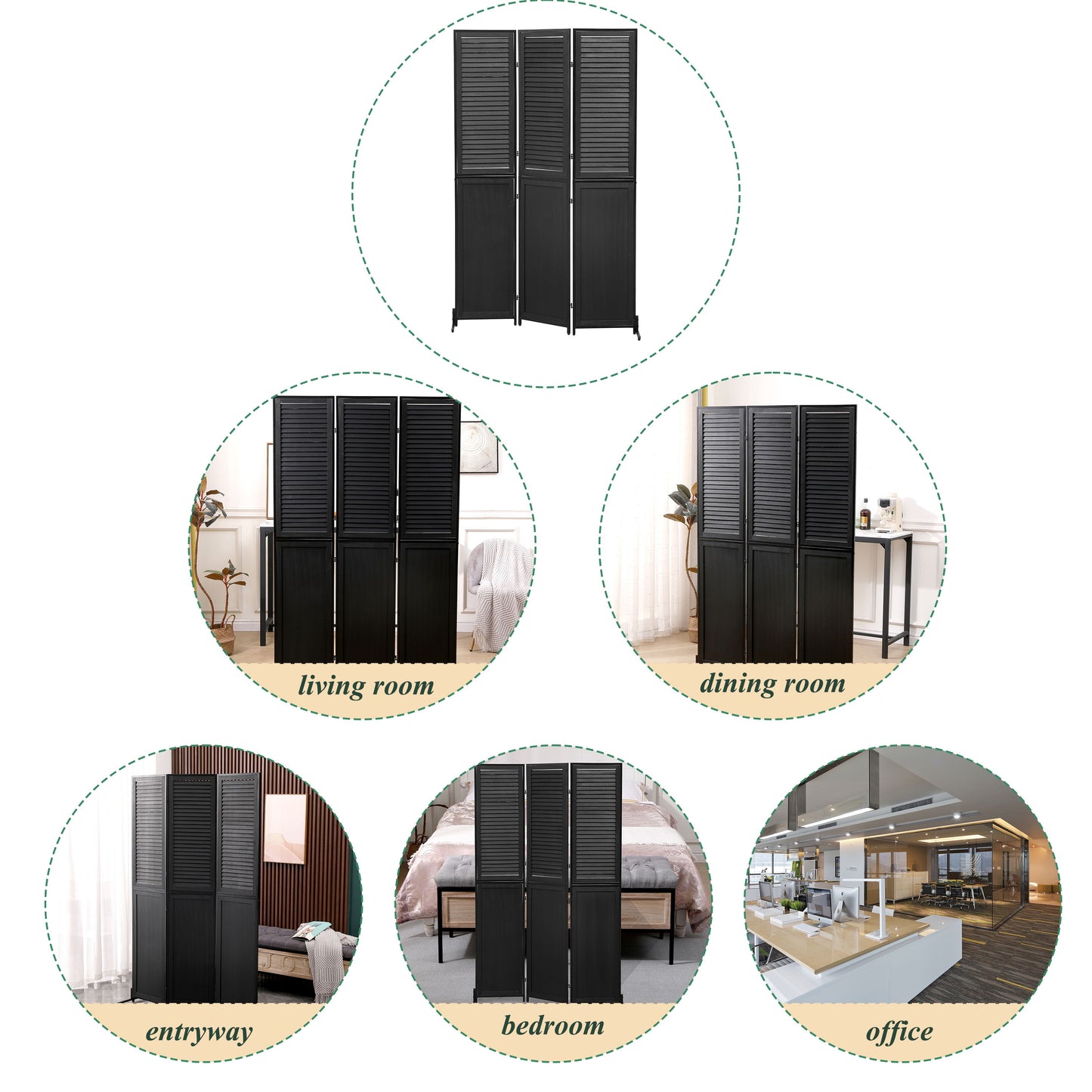 Rustic 3 Panel Room Divider 6Ft Wood Folding Privacy Screen With Metal Frame And Louver Design - Black