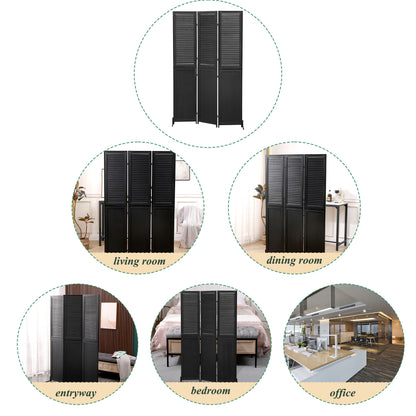 Rustic 3 Panel Room Divider 6Ft Wood Folding Privacy Screen With Metal Frame And Louver Design - Black
