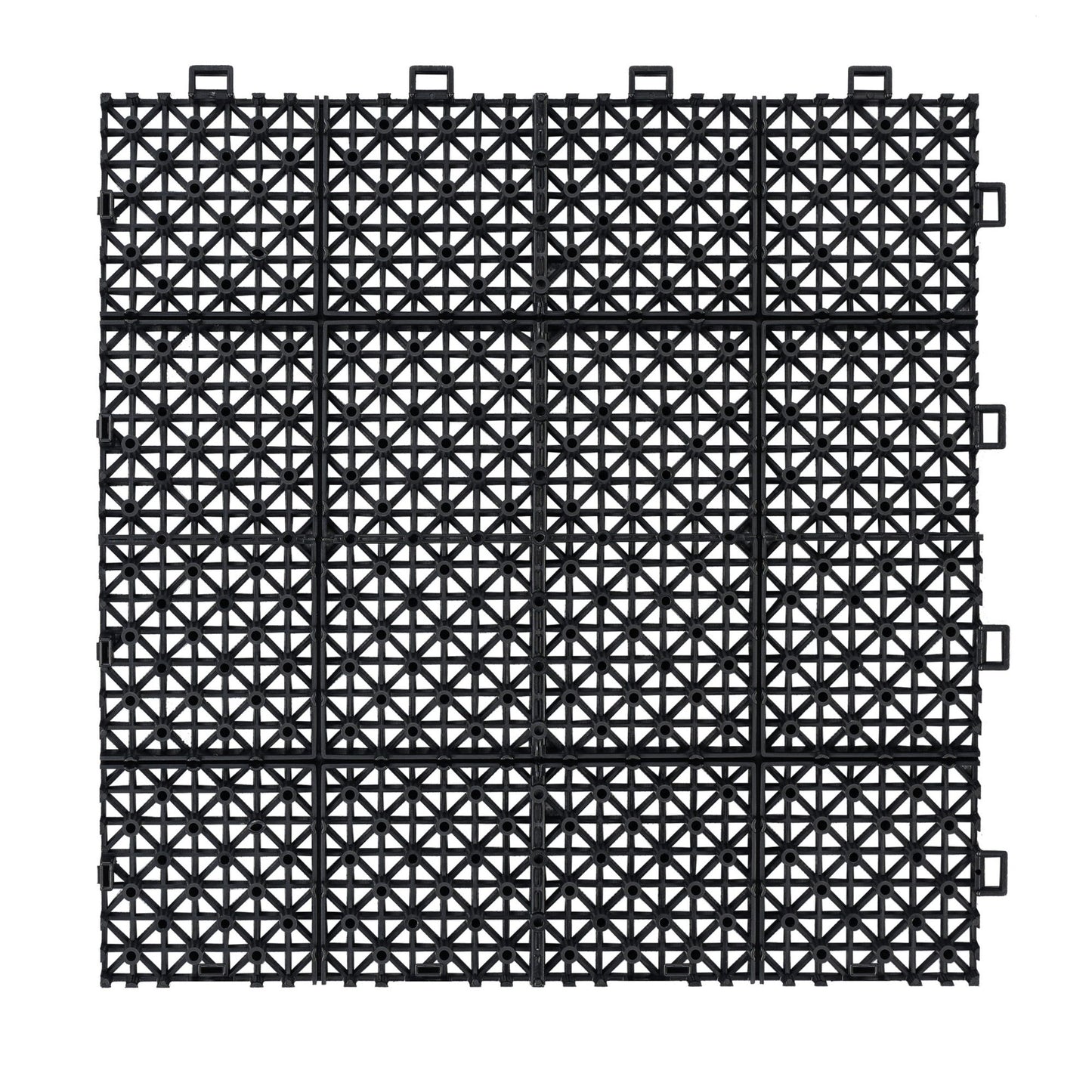 Interlocking Deck Tiles Plastic Waterproof Outdoor All Weather Anti-Slip Bathroom Shower Balcony Porch Strong Weight Capacity Upto 6613 Lbs, Rosette Pattern Pack Of 12 - Black