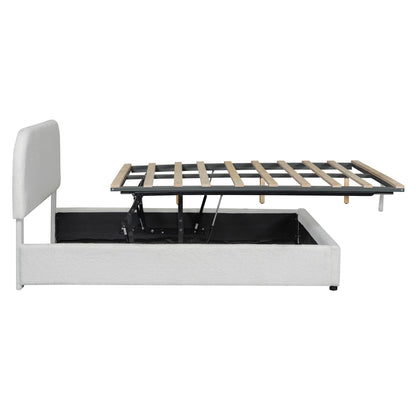 Full Size Upholstered Platform Bed With Hydraulic Storage System - White