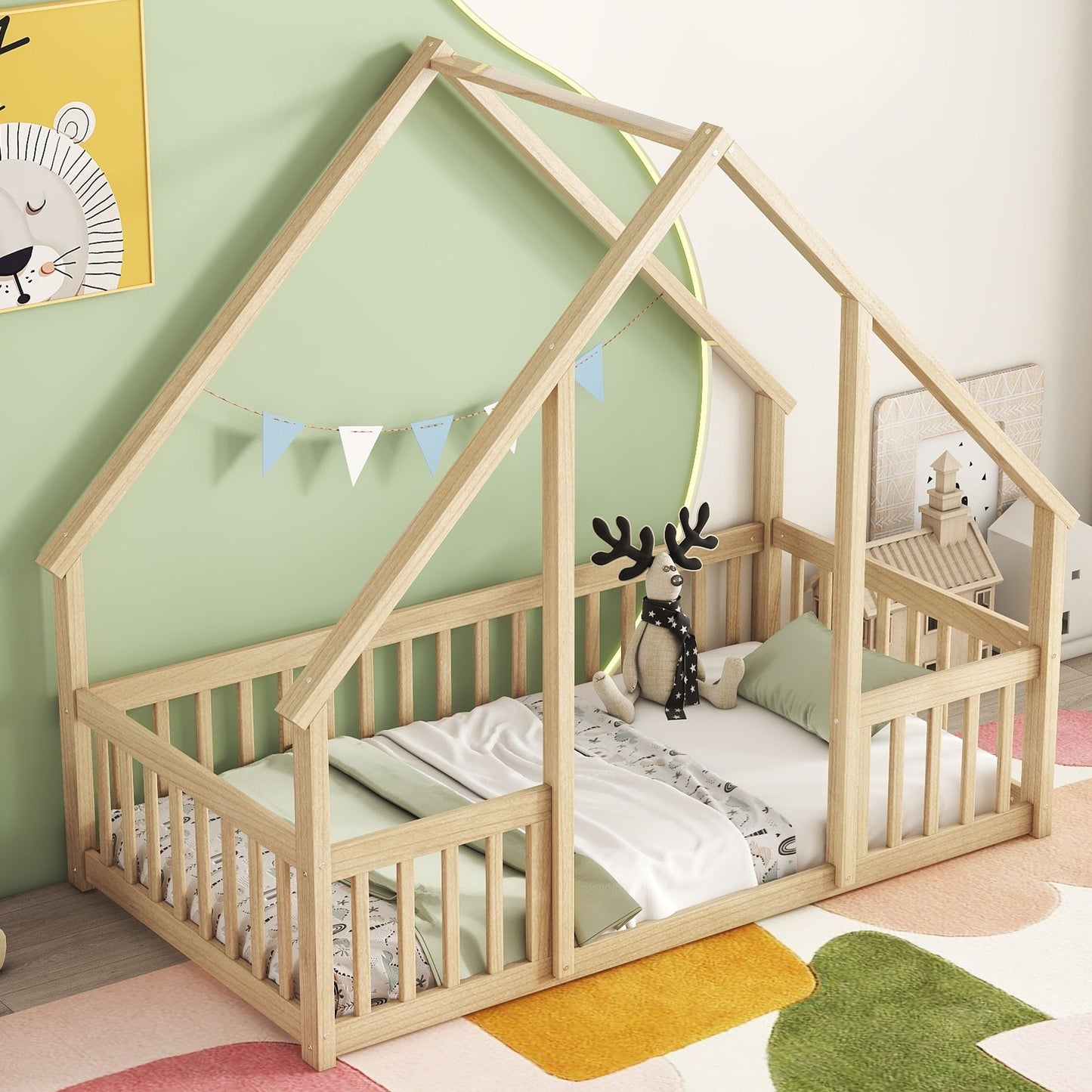 Twin Wood House-Shaped Floor Bed With Fence, Guardrails - Natural
