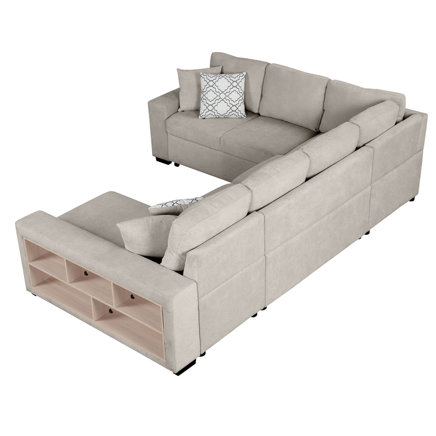 U-Shaped Sectional Sofa Pull-Out Sofa Bed With Two USB Ports, A Storage Chaise Lounge And Four Back Pillows For Living Room - Beige