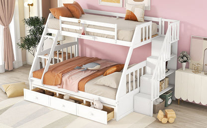 Twin Over Full Bunk Bed With Drawers, Ladder And Storage Staircase - White