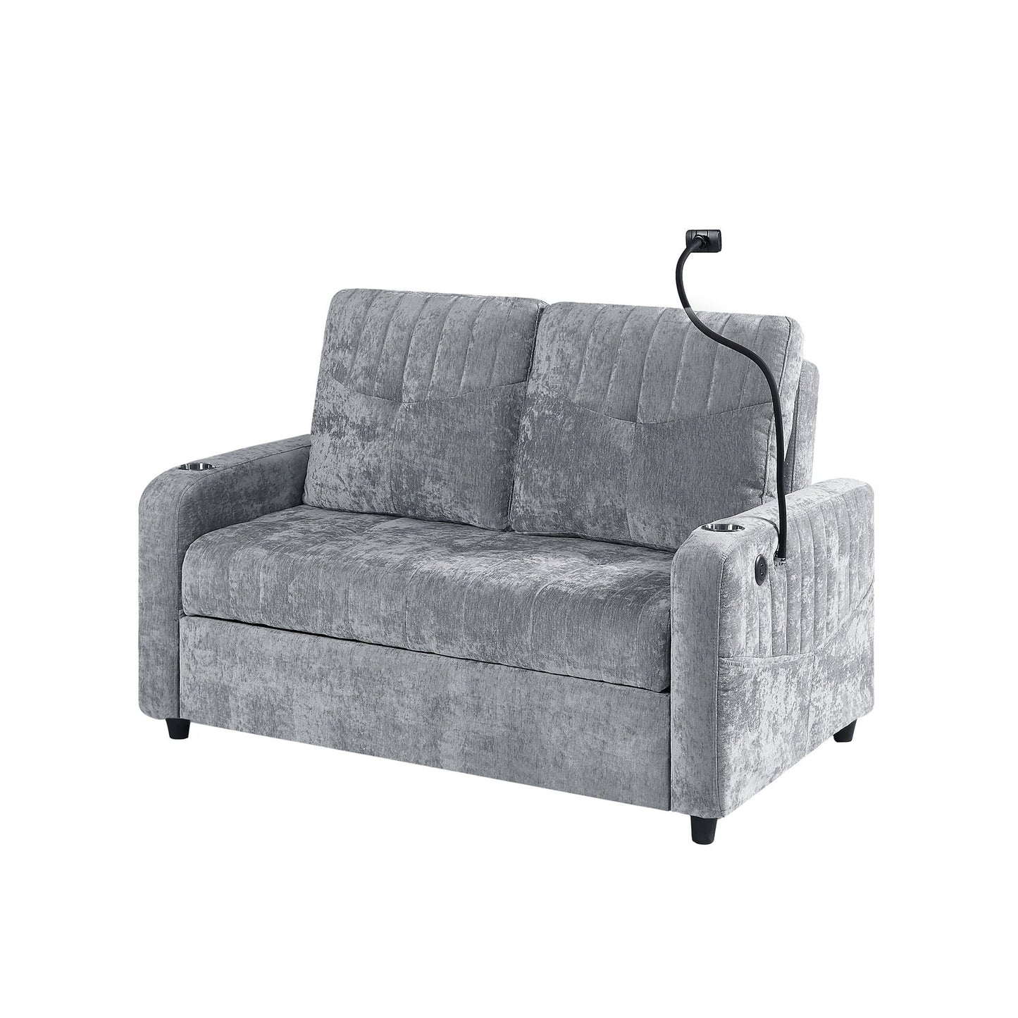 Modern Loveseat Pull Out Sofa Bed With Adjustable Backrest, Two Cup Holders, A Phone Holder, Three Charging Ports And Side Storage Pockets For Living Room - Gray