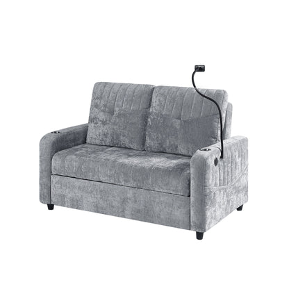 Modern Loveseat Pull Out Sofa Bed With Adjustable Backrest, Two Cup Holders, A Phone Holder, Three Charging Ports And Side Storage Pockets For Living Room - Gray