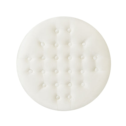 Elegant Round Ottoman With Studded Rim - Beige