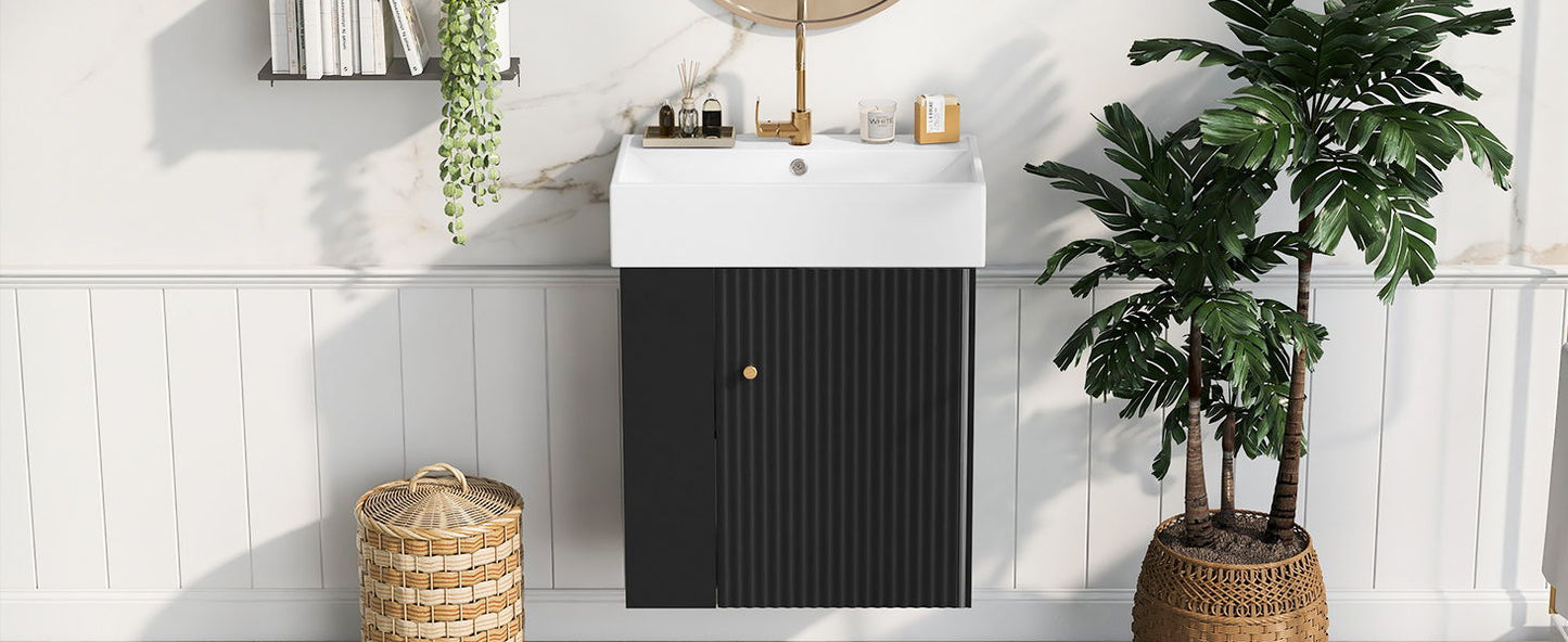 Modern Floating Bathroom Vanity With Ceramic Basin, Perfect For Small Bathrooms, Left Side Storage - Black