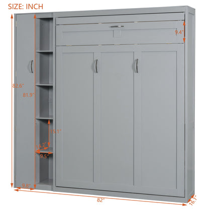 Full Size Murphy Wall Bed With Shelves, Wardrobe And LED Lights - Gray