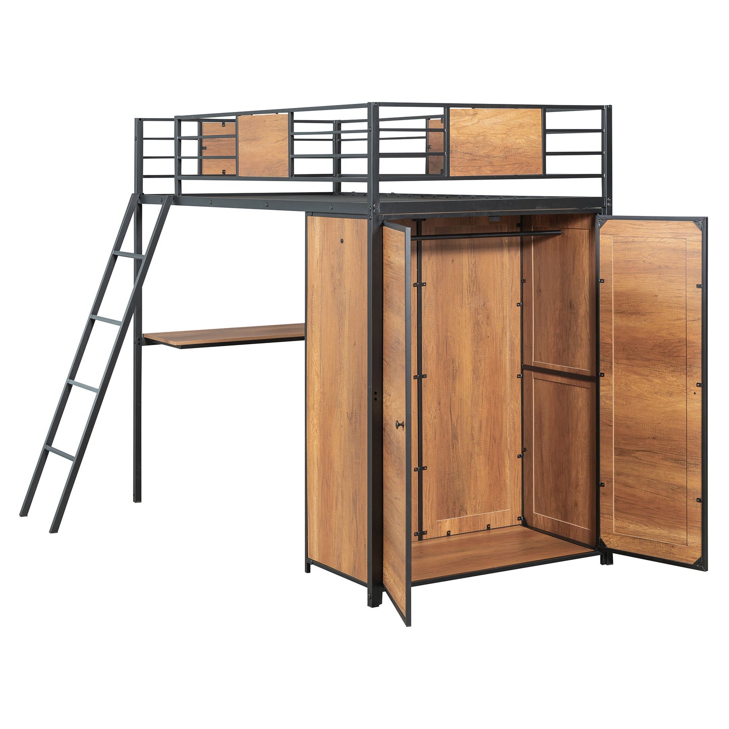 Twin Size Loft Bed With L Shape Desk And Wardrobe - Black