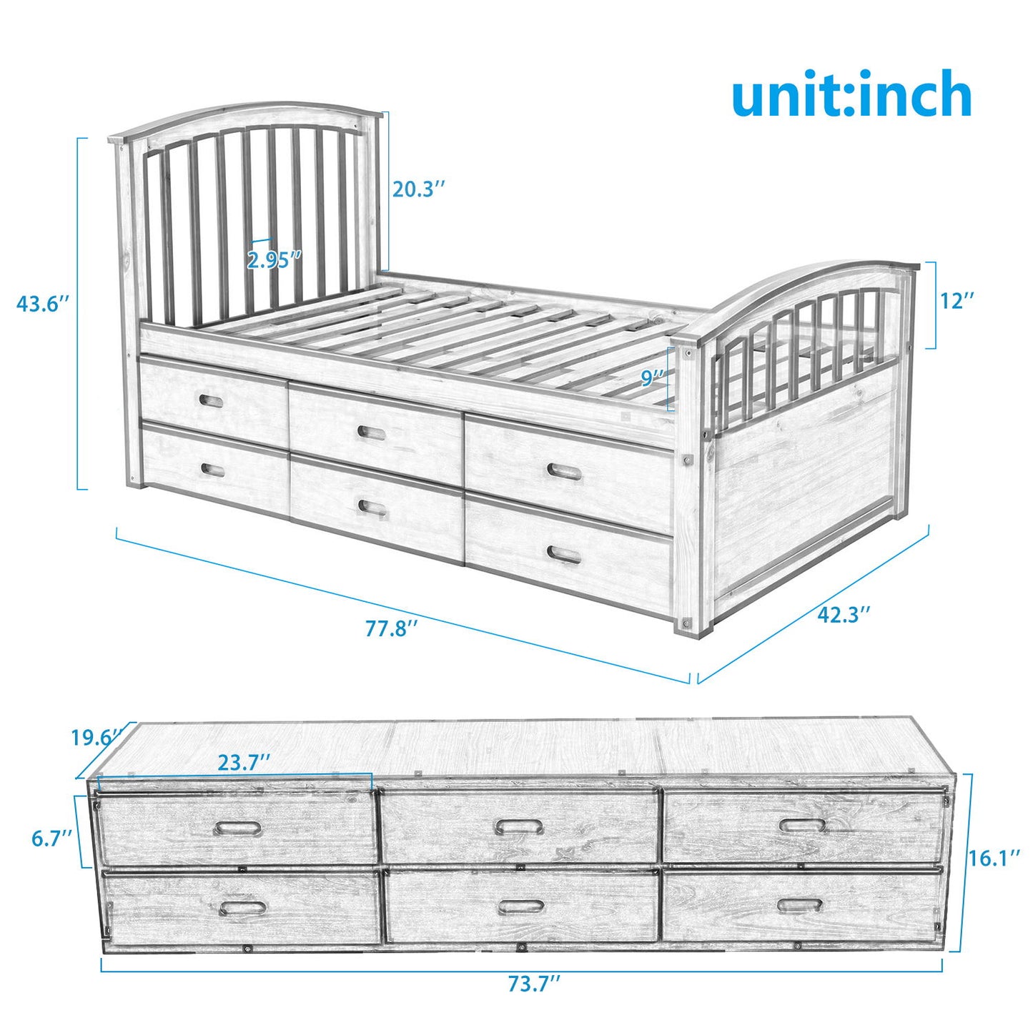 Twin Size Platform Storage Bed Solid Wood Bed With 6 Drawers - White