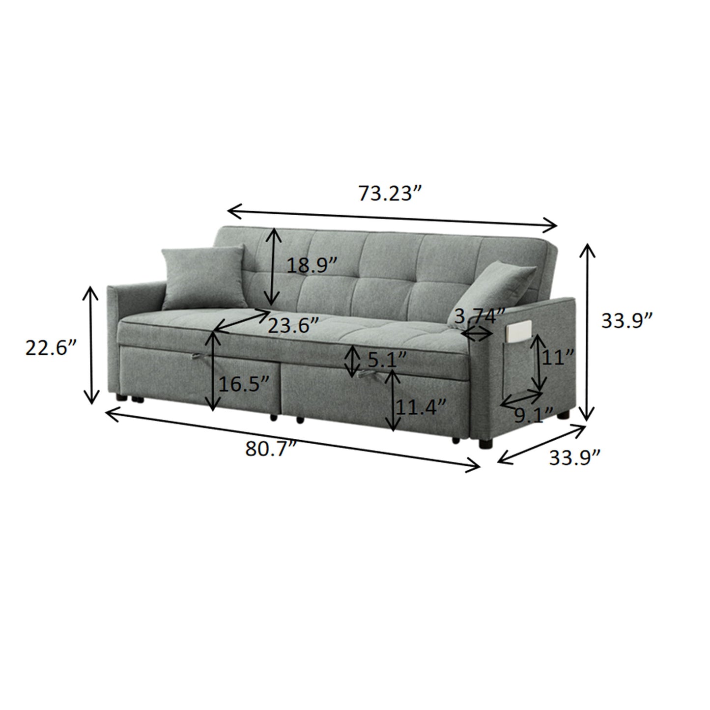 3 In 1 Convertible Sleeper Sofa Bed, Modern Fabric Loveseat Futon Sofa Couch Pullout Bed, Small Love Seat Lounge Sofa Reclining Backrest, Pillows, Pockets, Home Furniture For Living Room - Gray