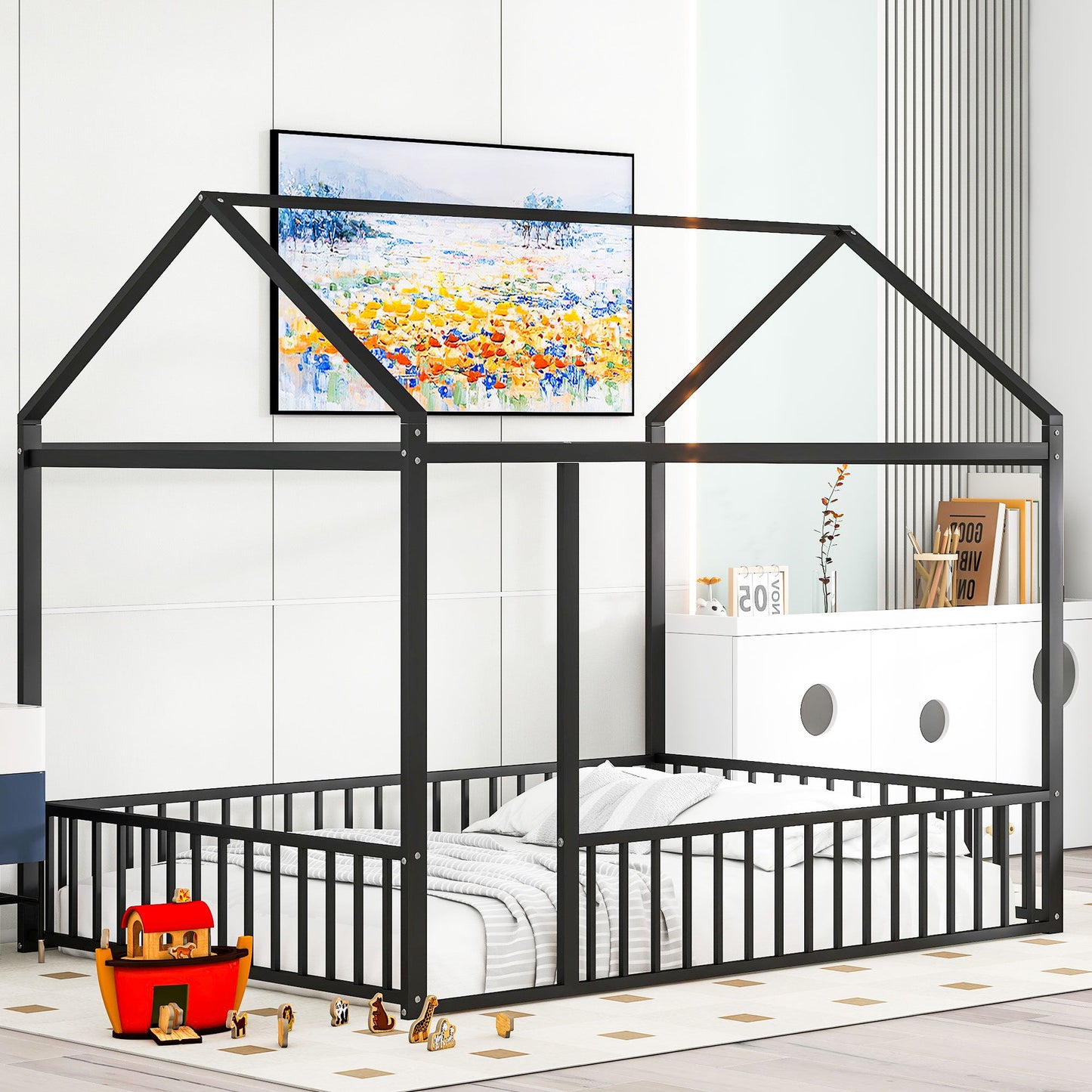 Full Size Bed House Bed Frame With Fence - Black