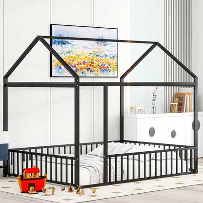 Full Size Bed House Bed Frame With Fence - Black