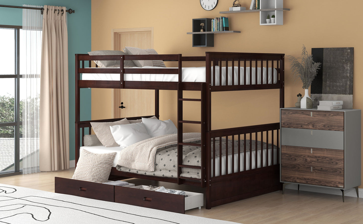 Full Over Full Bunk Bed With Ladders And 2 Storage Drawers - Espresso