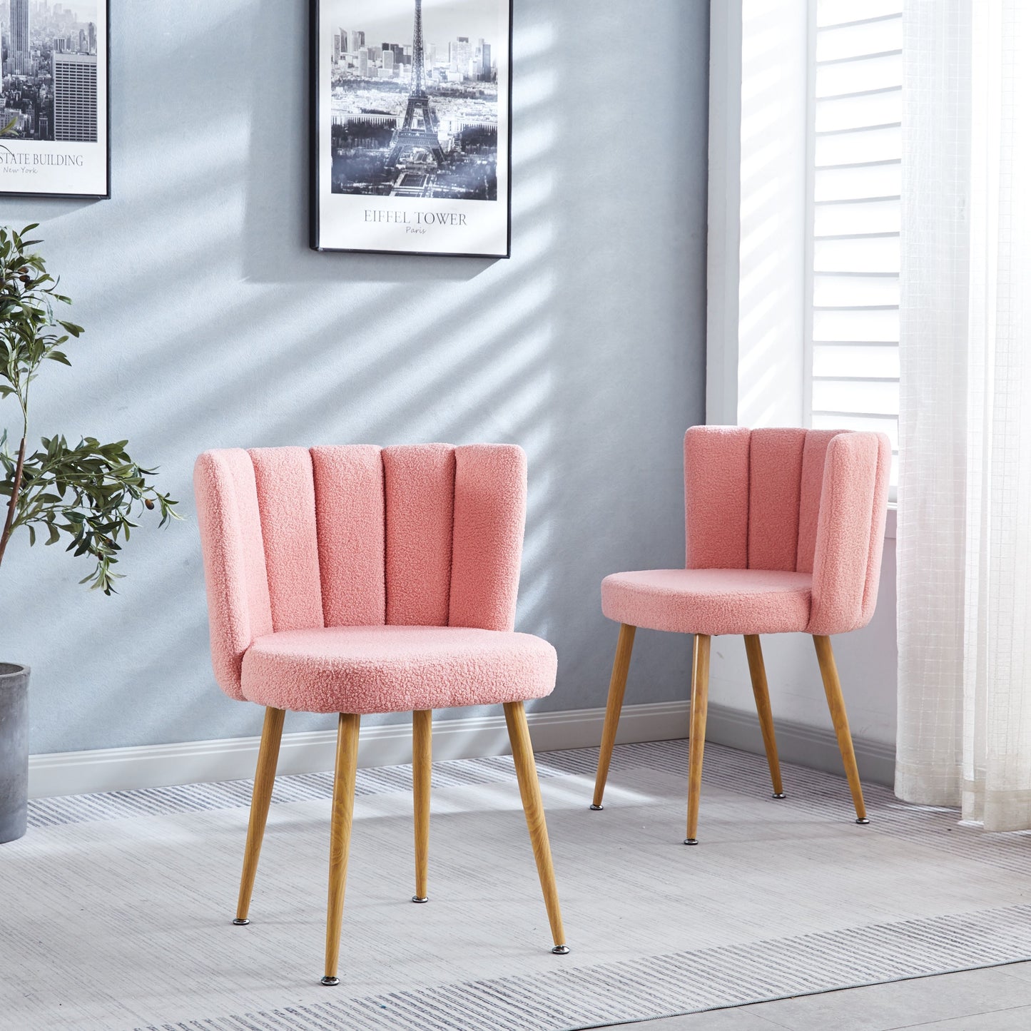 Modern Dining Chair (Set of 2) With Iron Tube Wood Color Legs, Shorthair Cushions And Comfortable Backrest, Suitable For Dining Room, Living Room, Cafe, Simple Structure - Light Pink