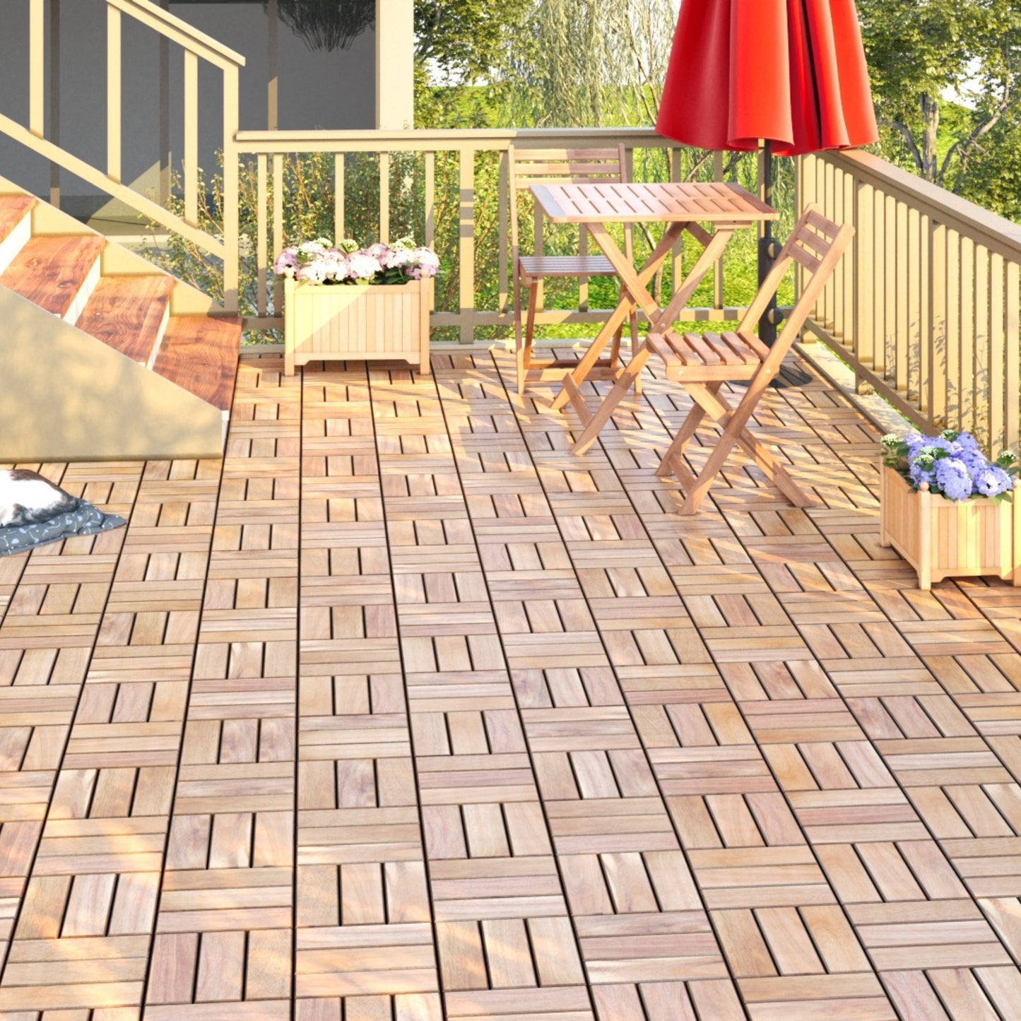 30 Piece Interlocking Deck Tiles Checker Pattern, Square Acacia Hardwood Outdoor Flooring For Patio, Bancony, Pool Side - Yellow