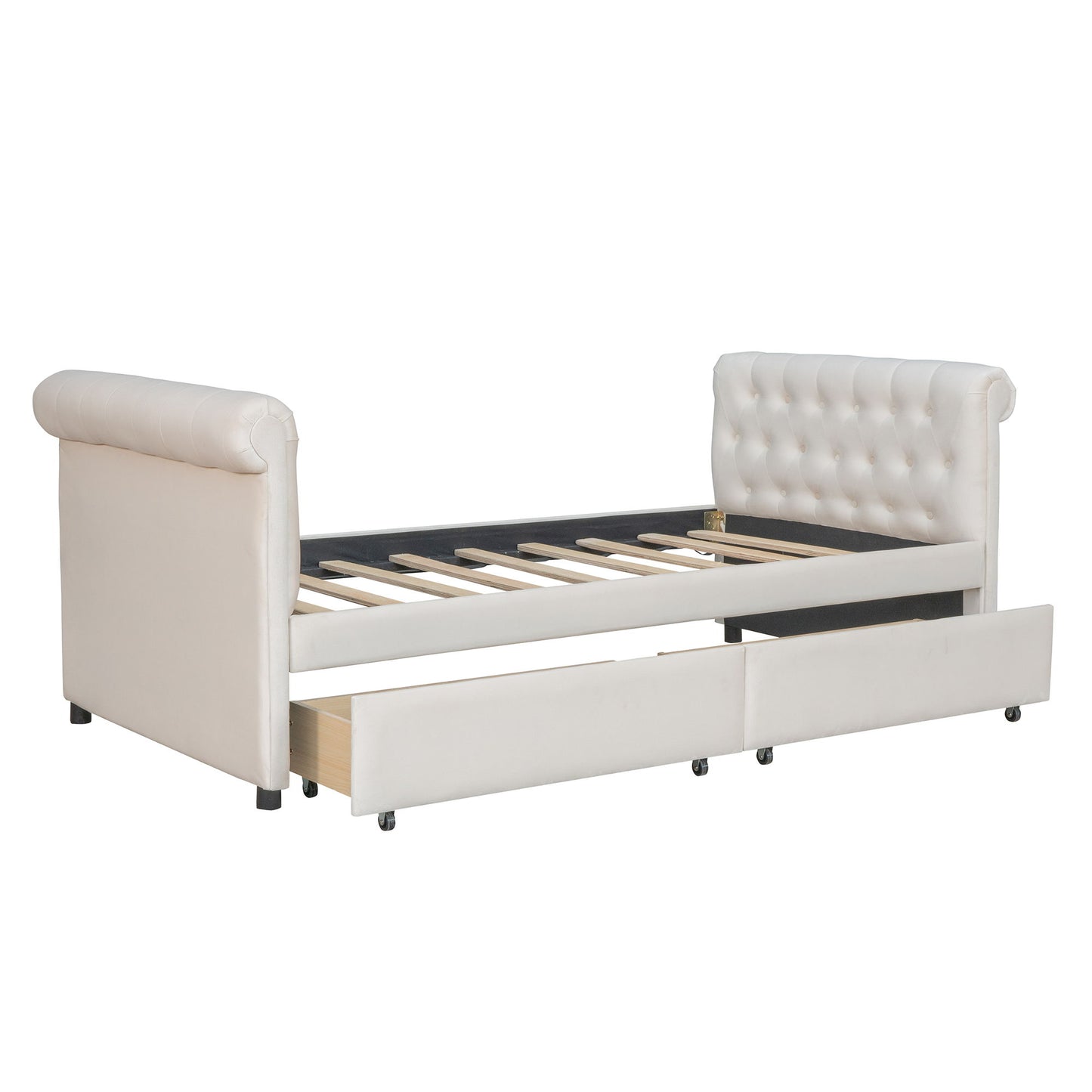 Twin Size Upholstered Daybed With Drawers, Slat Support - Beige