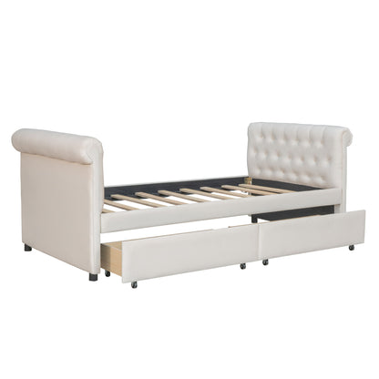 Twin Size Upholstered Daybed With Drawers, Slat Support - Beige