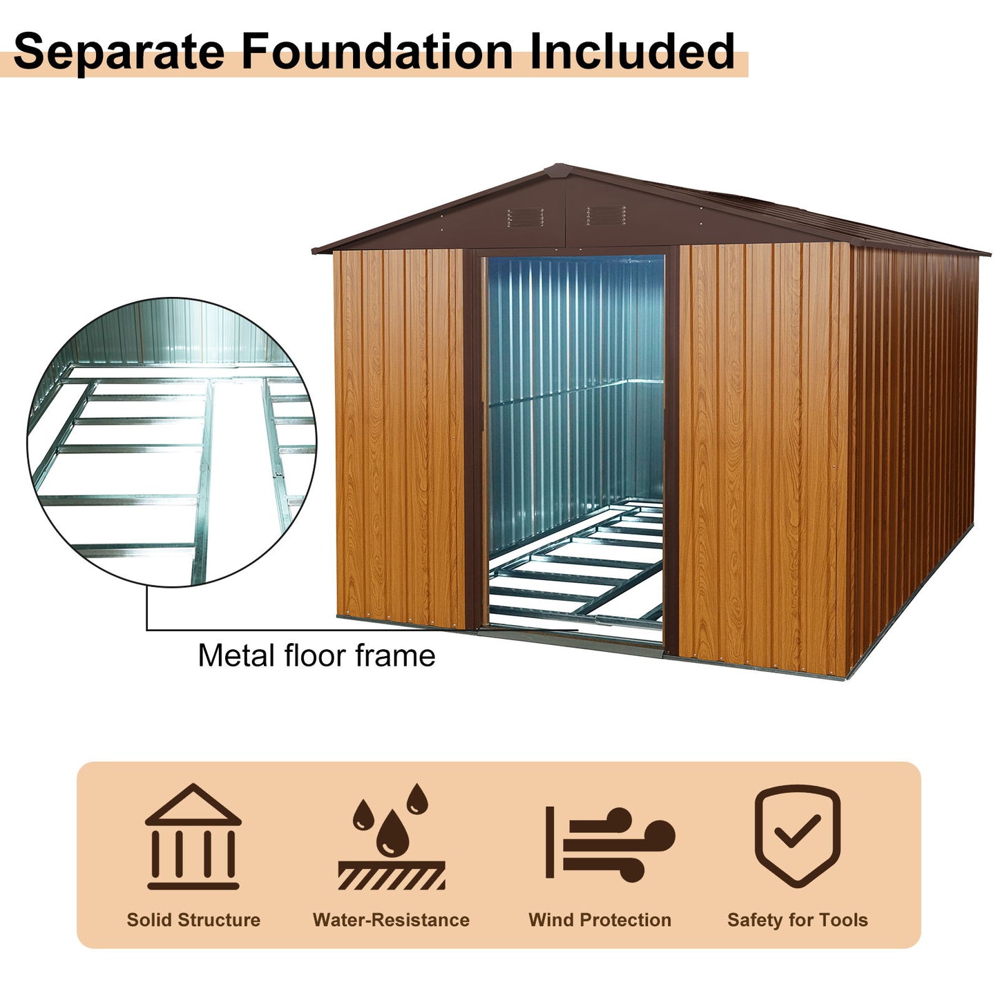 Outdoor Metal Storage Shed With Metal Floor Base - Coffee