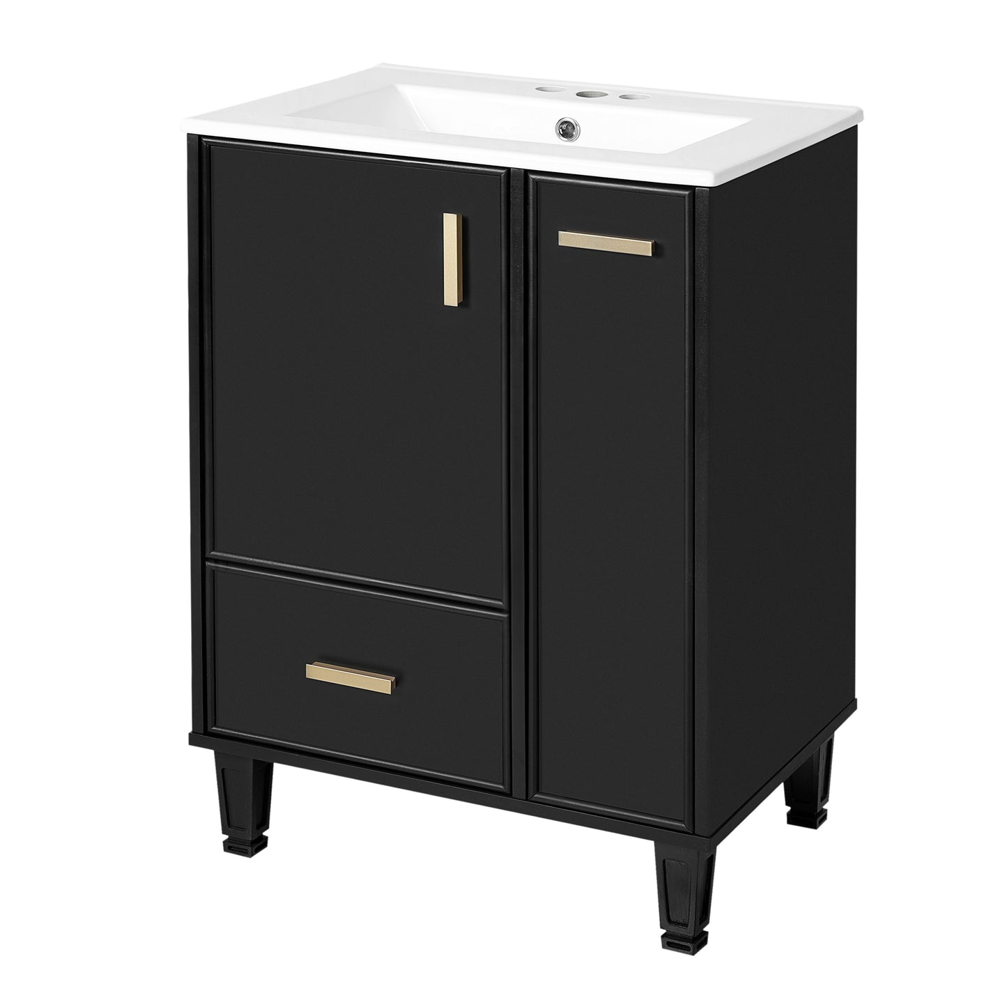 Modern Solid Wood And 24" Bathroom Vanity With Sink, Deep Drawer, Door Shelf, 2 Tier Basket - Black