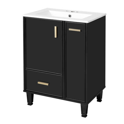 Modern Solid Wood And 24" Bathroom Vanity With Sink, Deep Drawer, Door Shelf, 2 Tier Basket - Black
