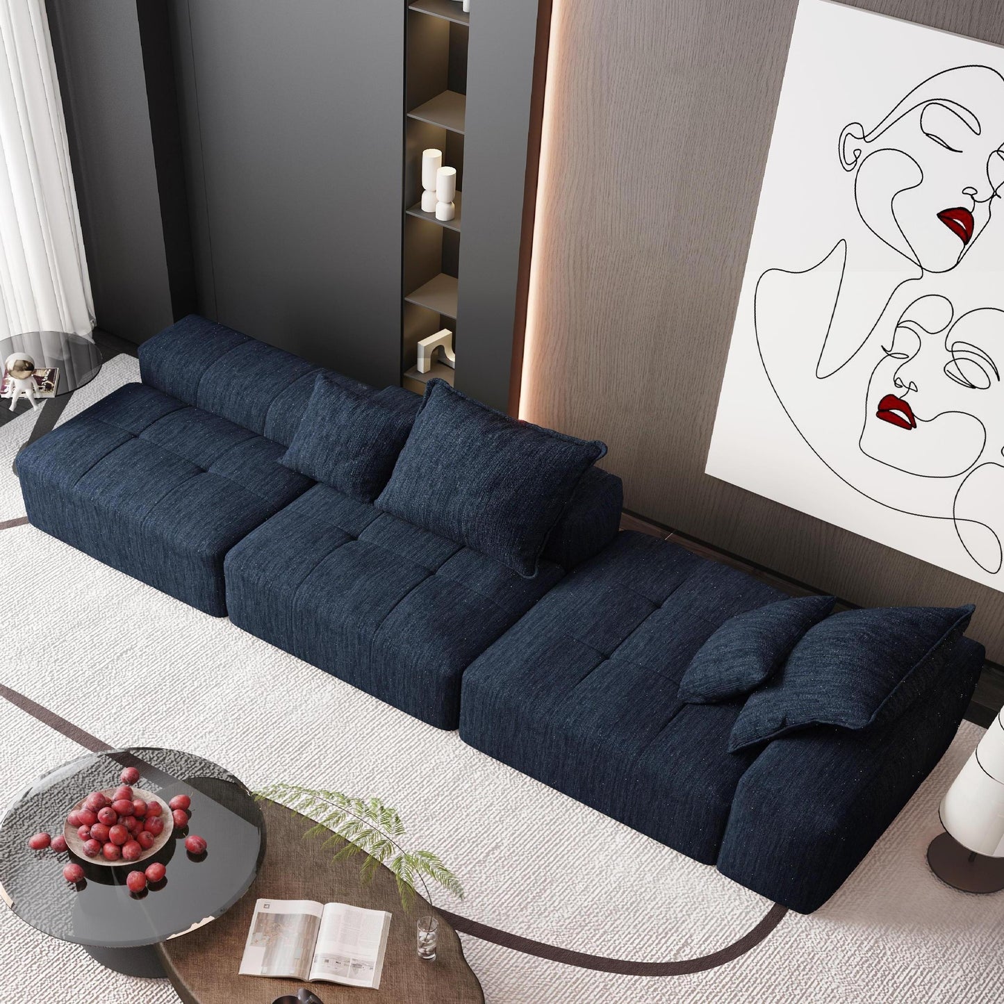 Modern Oversized Modular Sectional Sofa With Ottoman, Seat, Chaise Lounge And Armrest, Sparkling Chenille Fabric Soft Cushion Sofa With 4 Pillows, 4 Pieces Diy Combination Tufted Sofa, No Assembly Required - Blue