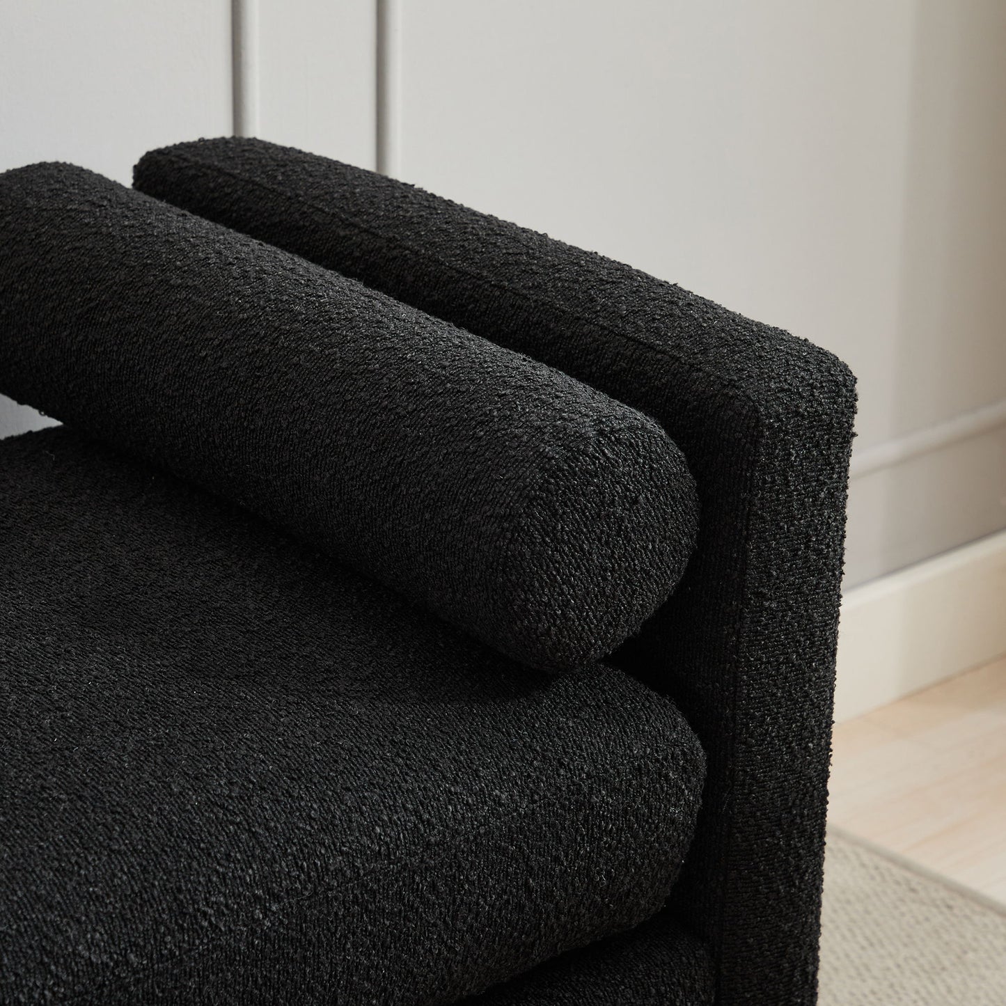 Elegant Upholstered Bench Daybed Ottoman With Nature Wood Legs & Bolster Pillows - Black Boucle