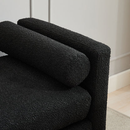 Elegant Upholstered Bench Daybed Ottoman With Nature Wood Legs & Bolster Pillows - Black Boucle