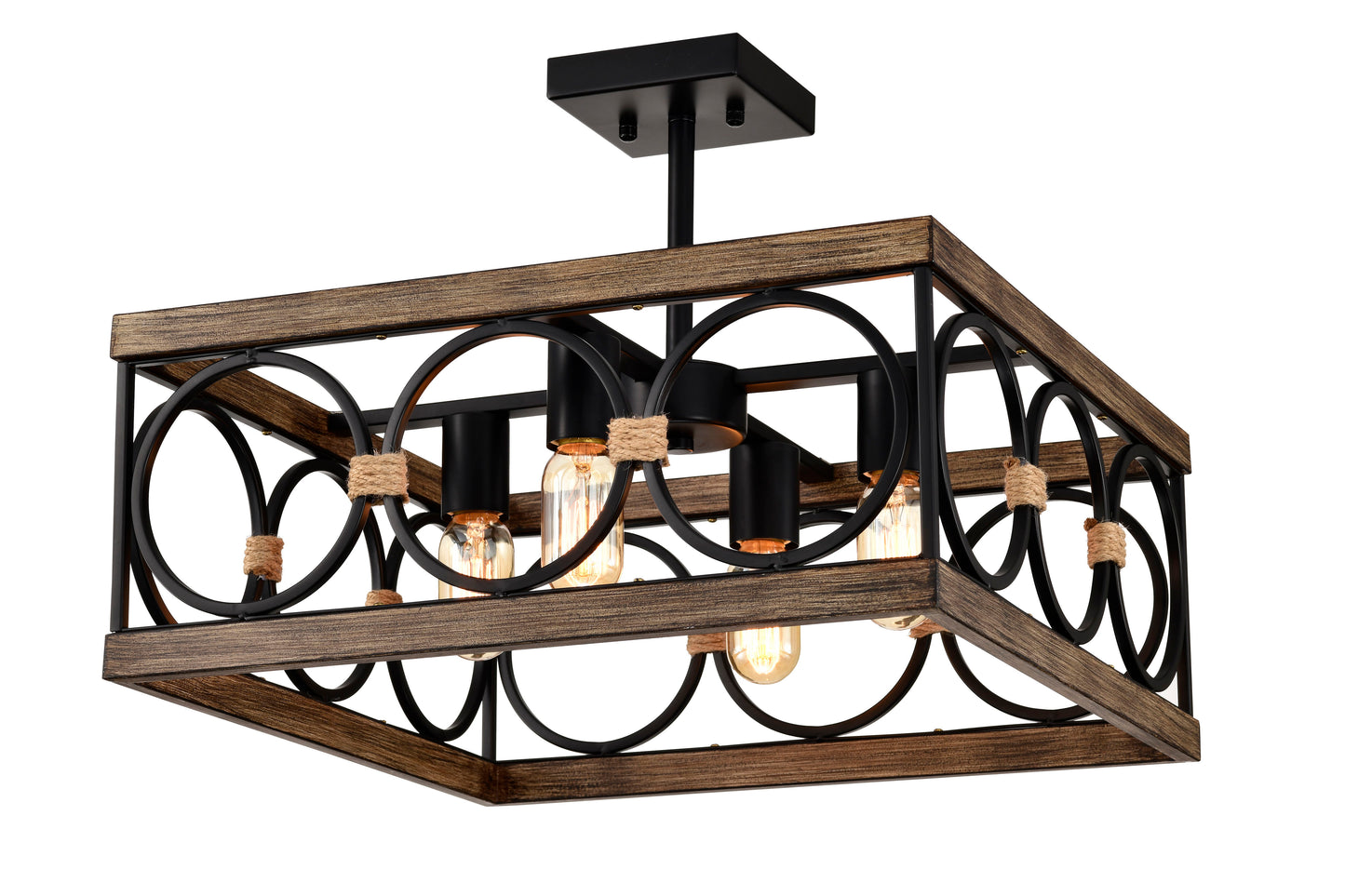 4 Light Square Kitchen Island Lights Ceiling Light Farmhouse Dining Room Light Fixture, Wood And Metal Rectangular Ceiling Light, Ceiling Lighting For Living Room, Conference Room, Home Office - Black