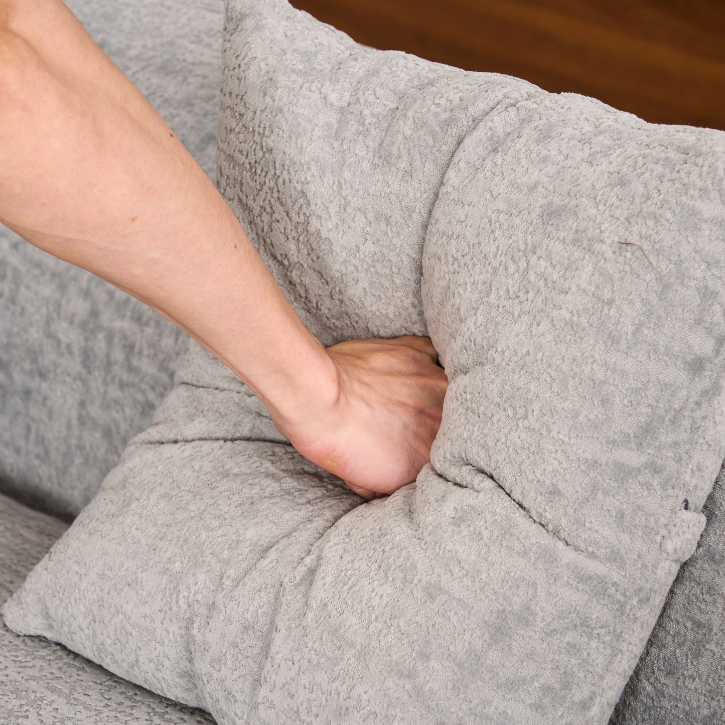 Compression Sofa: Combining Chaise Longue With 3 Seater, Wood Grain Chenille Fabric, Full Sponge Compression Sofa, Combined Sofa With 4 Pillows For Living / Home Furniture / Apartment - Gray