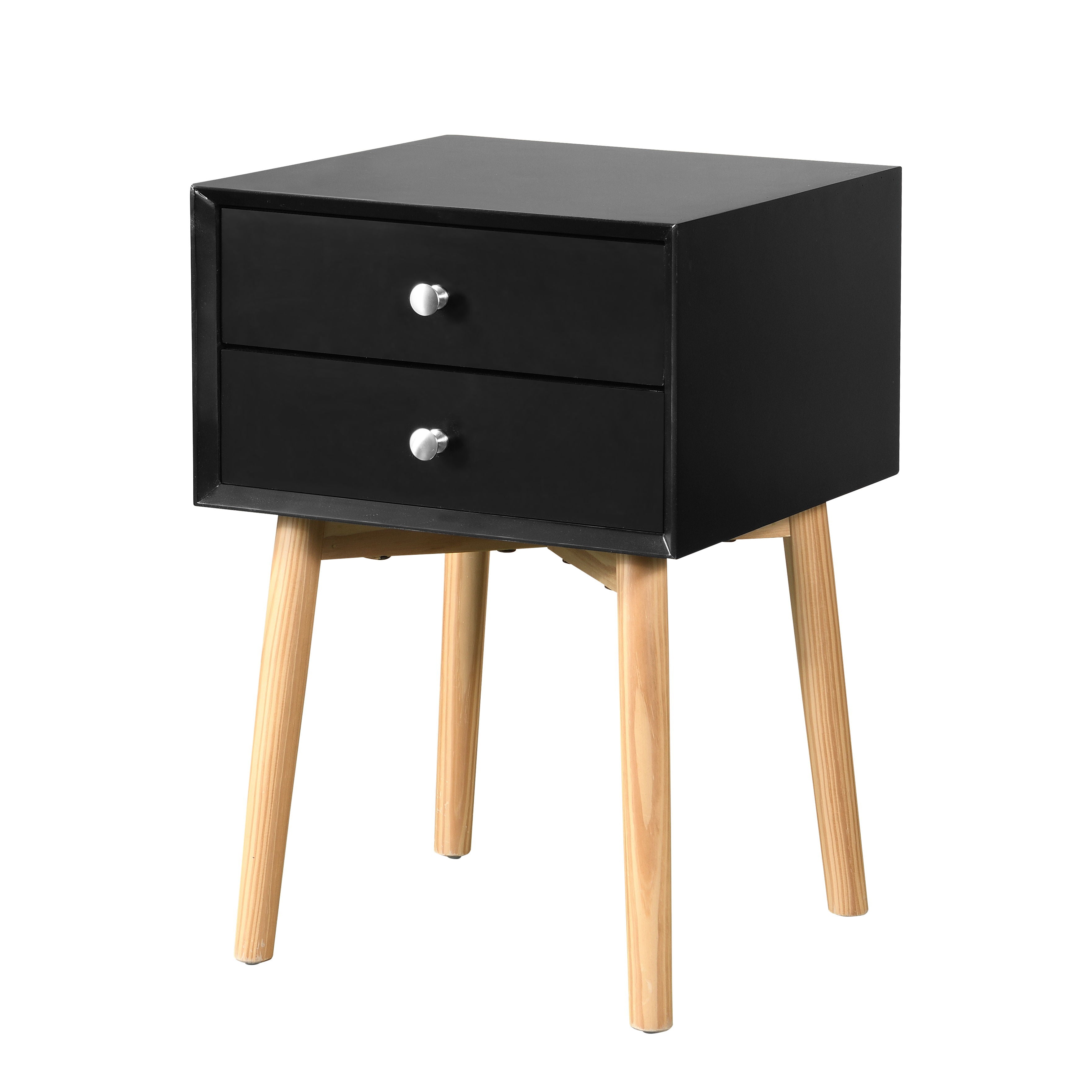 Side Table With 2 Drawer, Mid-Century Modern Storage Cabinet For Bedroom - Black