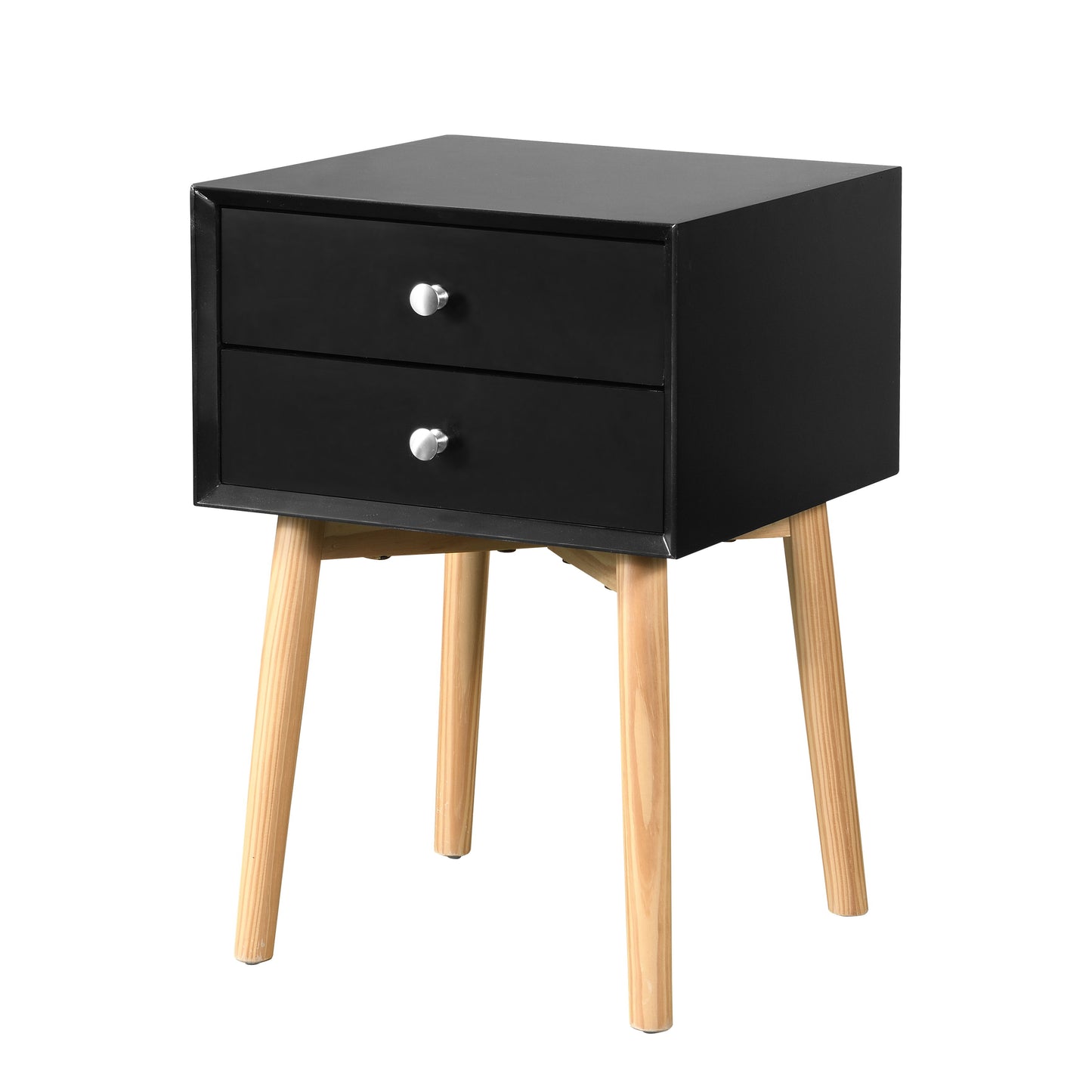 Side Table With 2 Drawer, Mid-Century Modern Storage Cabinet For Bedroom - Black