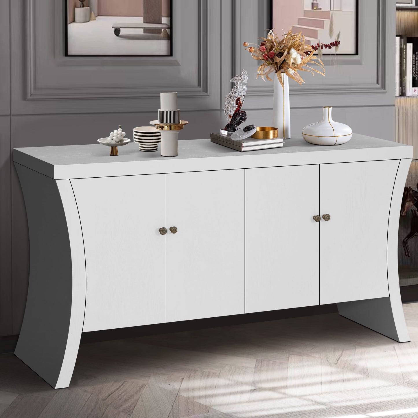 Refined Industrial 4 Door Credenza With Wooden Arc Legs & Bronze Clasps, Advanced Storage Design - White
